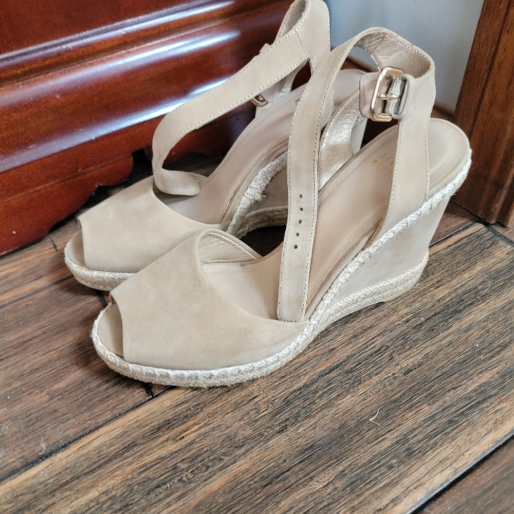 Stuart Weitzman Tan Wedge Espadrilles with Peep-Toe
